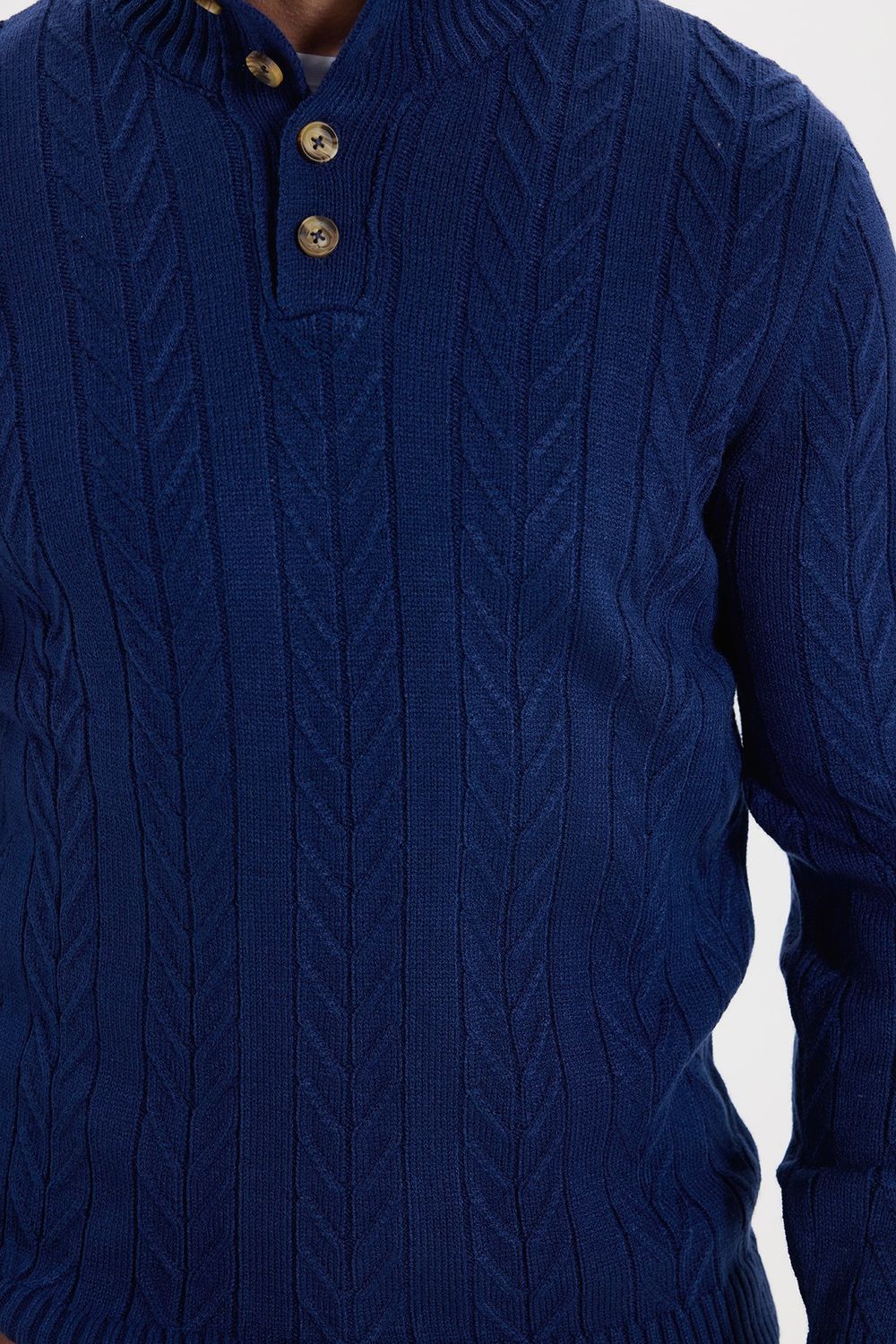 Erkek Slim Fit Dar Kesim Yumuşak Dokulu Desenli Dik Yaka Düğmeli Triko Saks Mavi Kazak