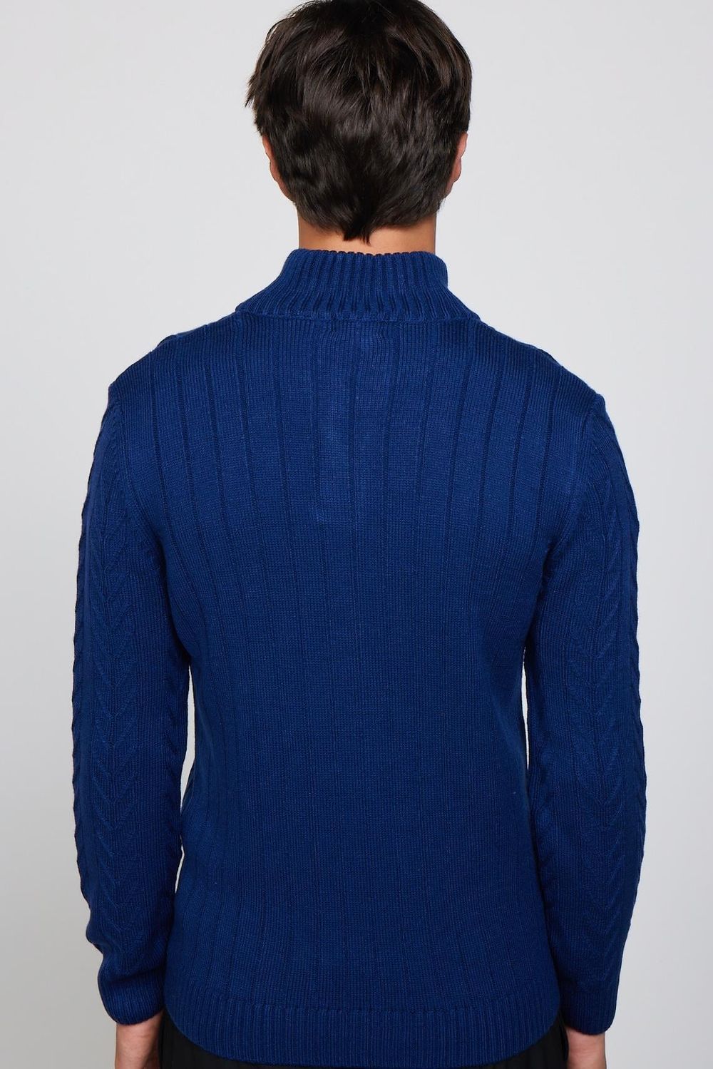Erkek Slim Fit Dar Kesim Yumuşak Dokulu Desenli Dik Yaka Düğmeli Triko Saks Mavi Kazak