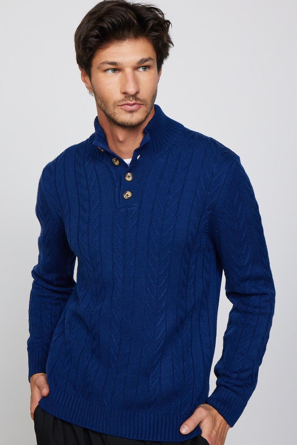 Erkek Slim Fit Dar Kesim Yumuşak Dokulu Desenli Dik Yaka Düğmeli Triko Saks Mavi Kazak