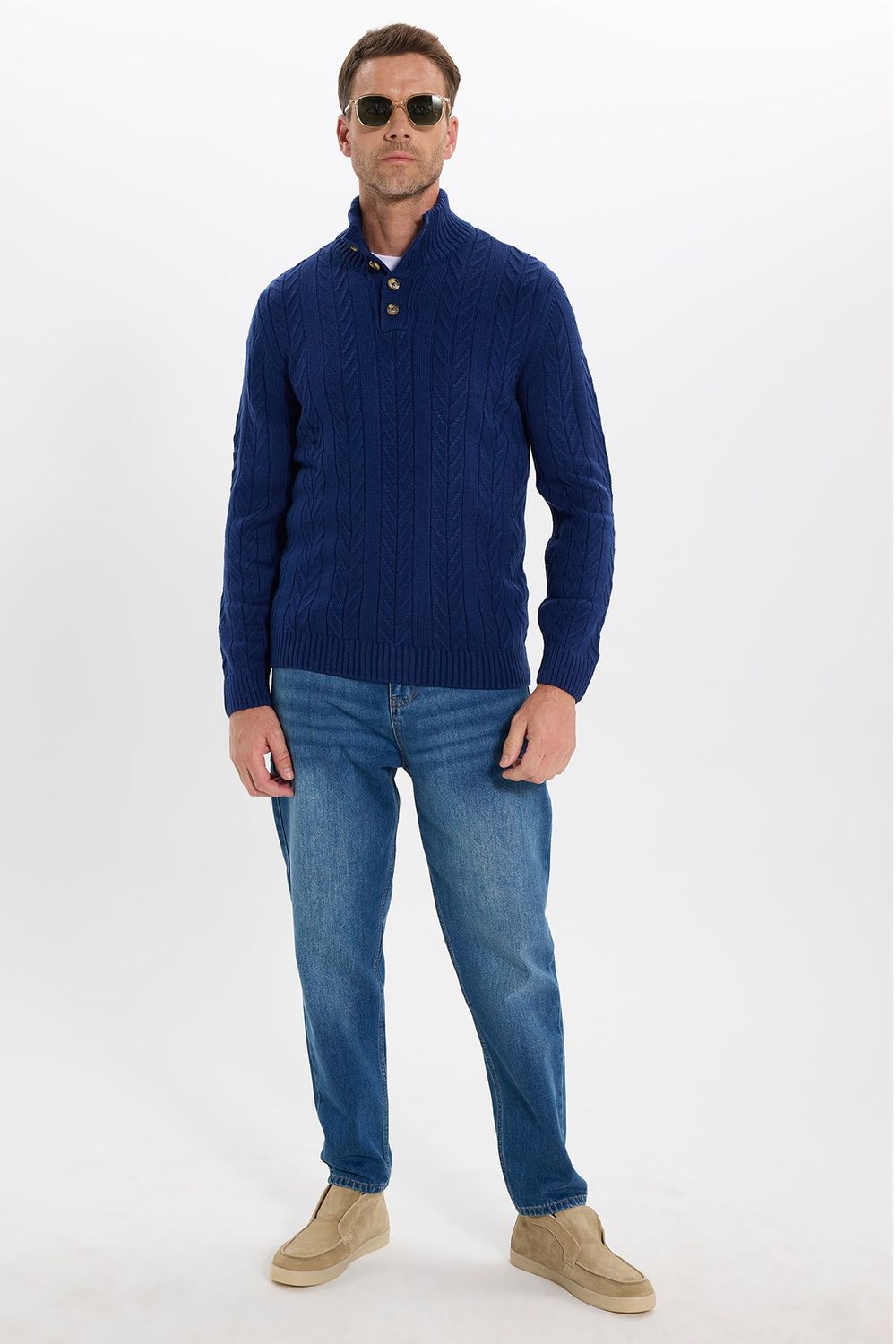 Erkek Slim Fit Dar Kesim Yumuşak Dokulu Desenli Dik Yaka Düğmeli Triko Saks Mavi Kazak
