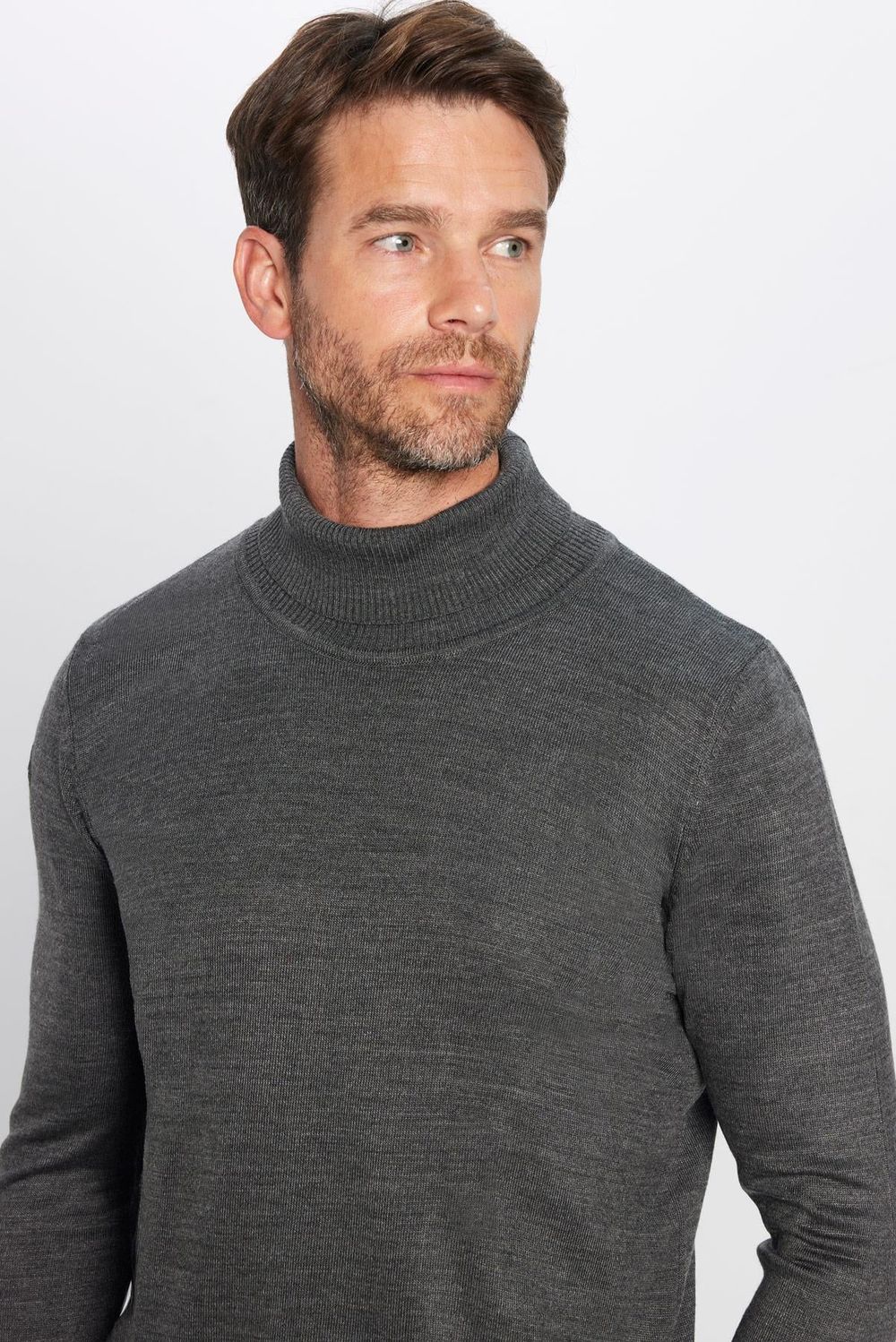 Erkek Slim Fit Dar Kesim Yumuşak Dokulu Tüylenmeyen Gri Tam Balıkçı Yaka Triko Kazak