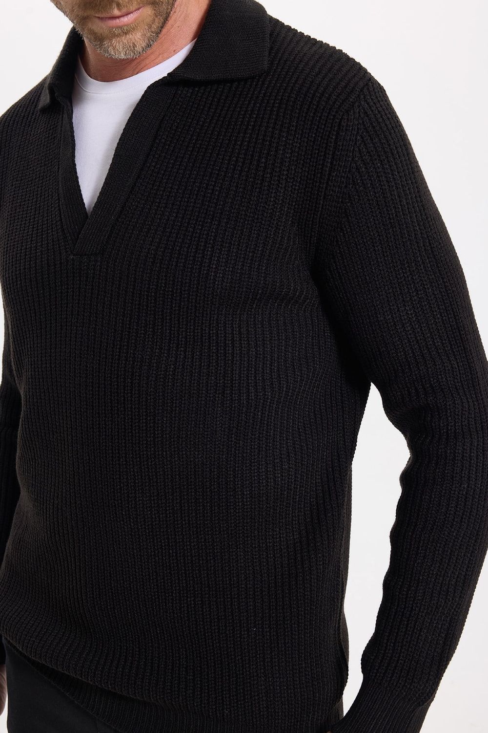 Erkek Slim Fit Dar Kesim Polo Yaka Siyah Kazak