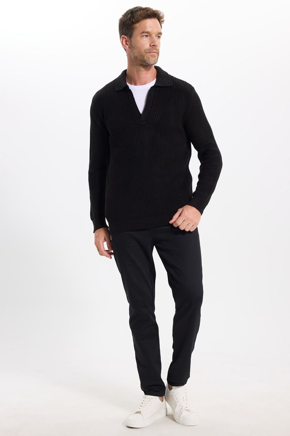 Erkek Slim Fit Dar Kesim Polo Yaka Siyah Kazak