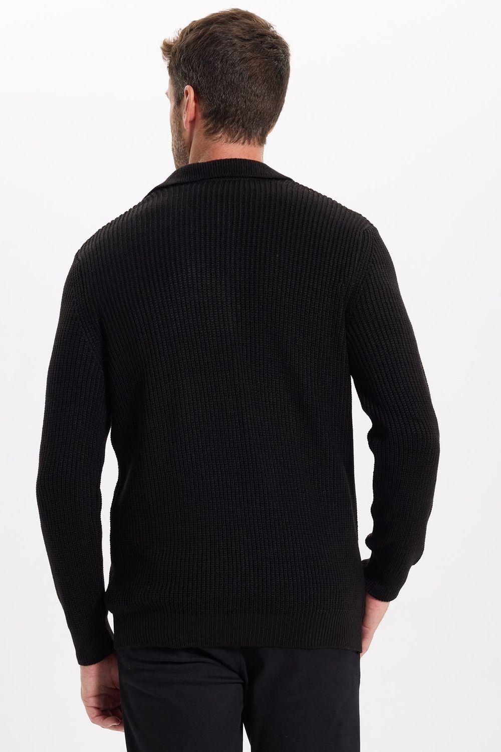 Erkek Slim Fit Dar Kesim Polo Yaka Siyah Kazak