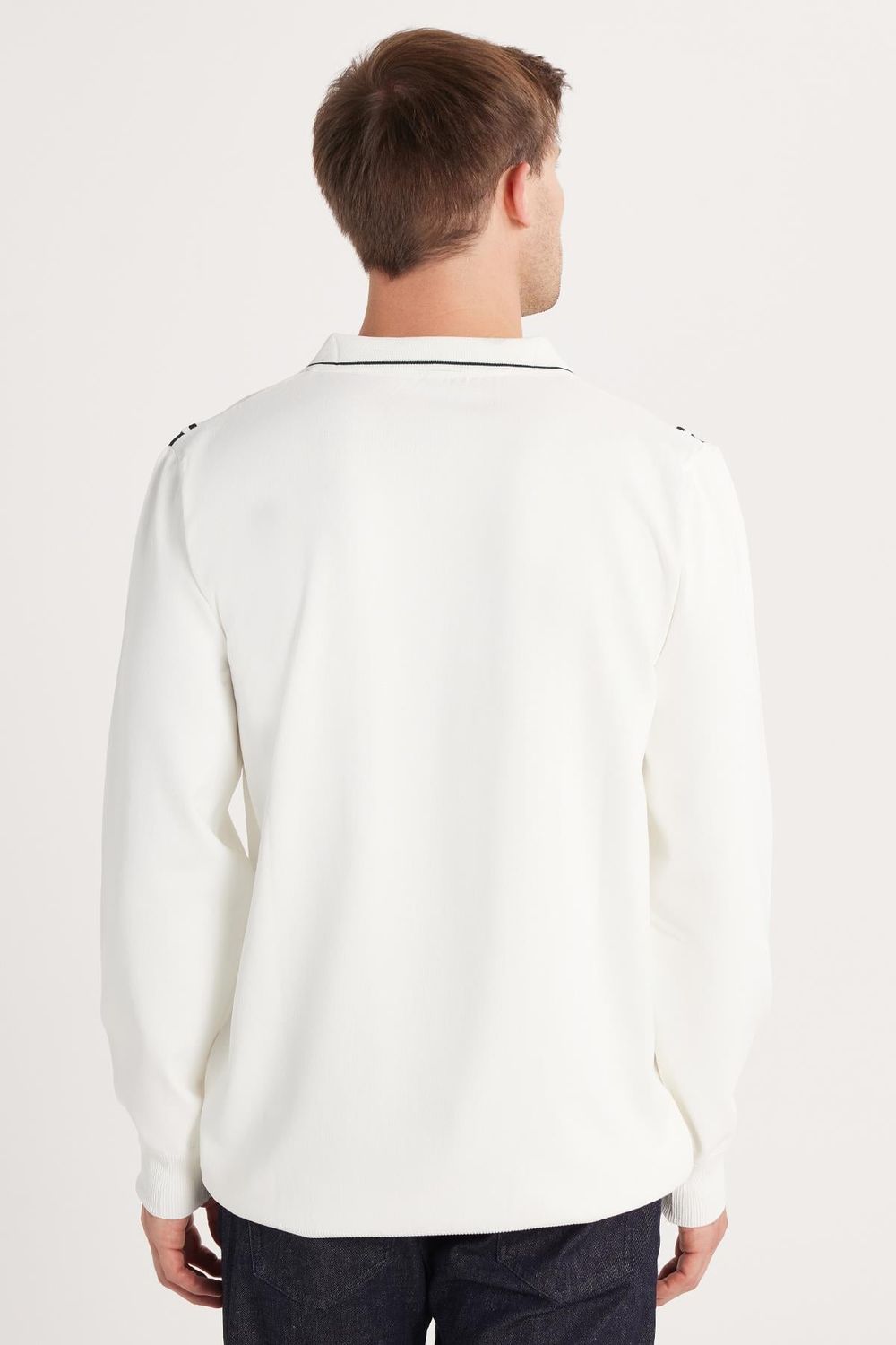 Erkek Slim Fit Dar Kesim Uzun Kol Polo Yaka Çizgili Beyaz Kazak