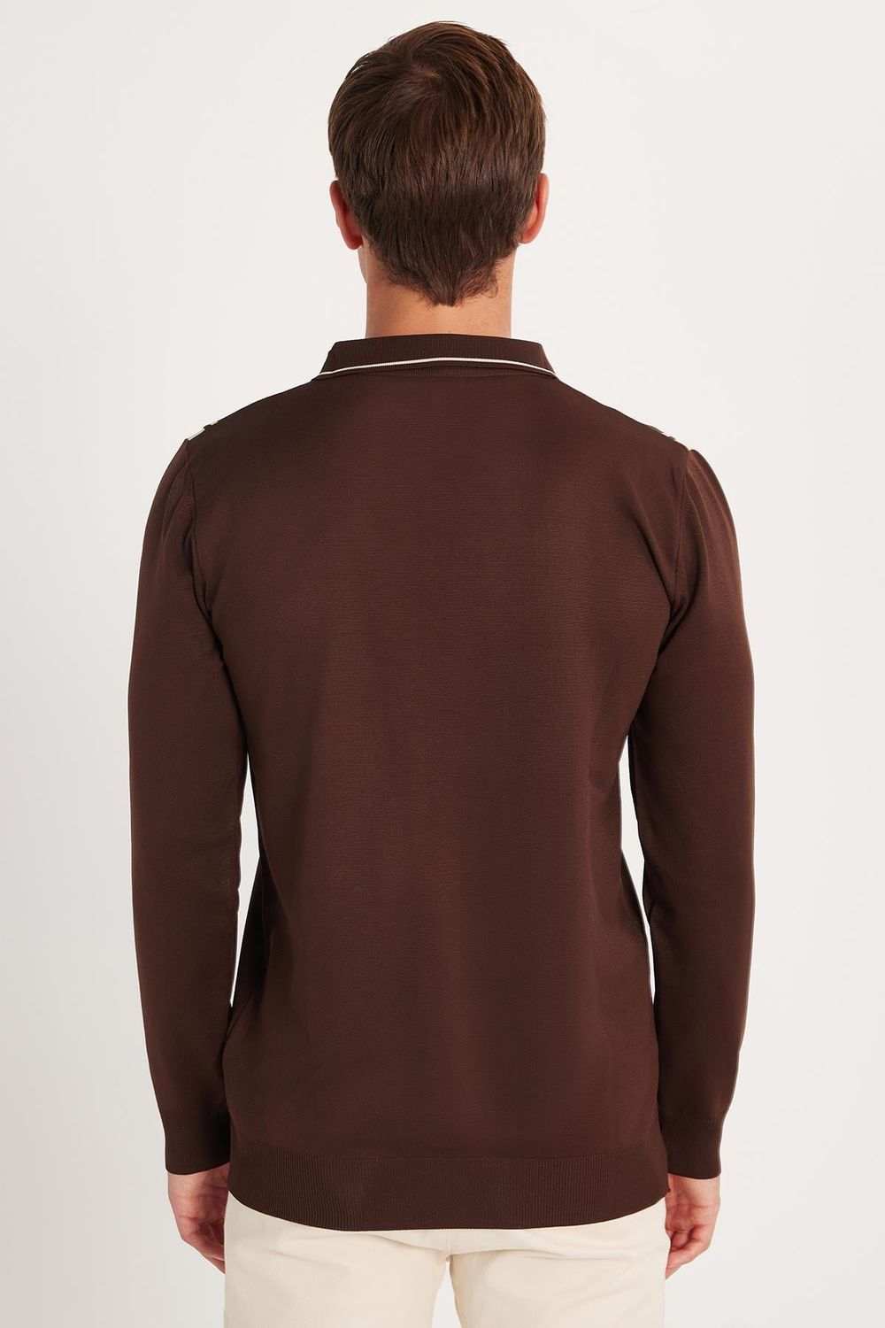 Erkek Slim Fit Dar Kesim Uzun Kol Polo Yaka Çizgili Kahverengi Kazak