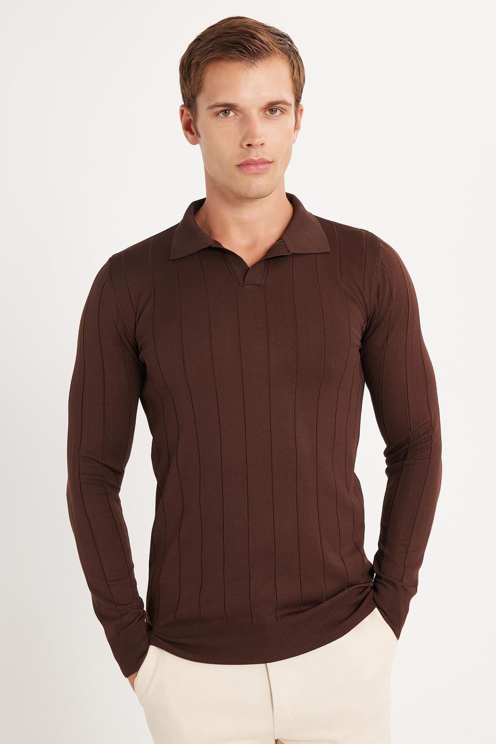 Erkek Slim Fit Dar Kesim Uzun Kol Polo Yaka Çizgili Kahverengi Kazak