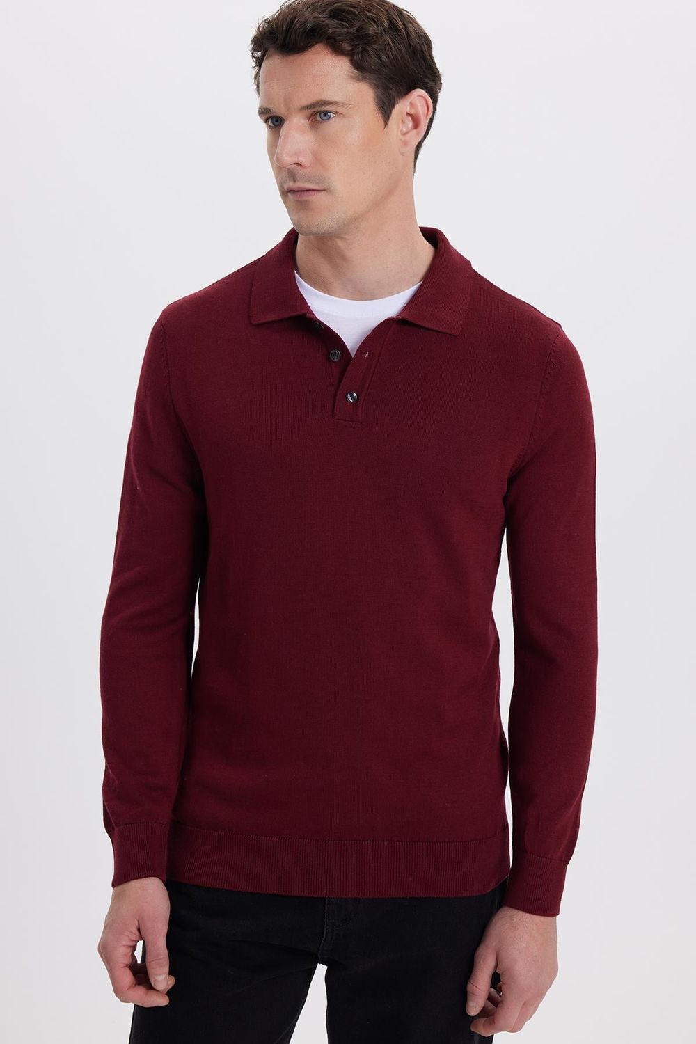 Erkek Standart Fit Normal Kesim Pamuklu Polo Yaka Bordo Kazak