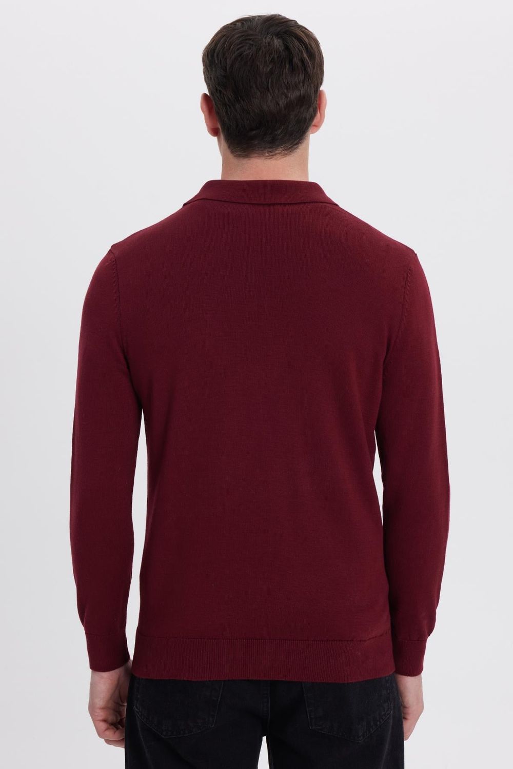 Erkek Standart Fit Normal Kesim Pamuklu Polo Yaka Bordo Kazak