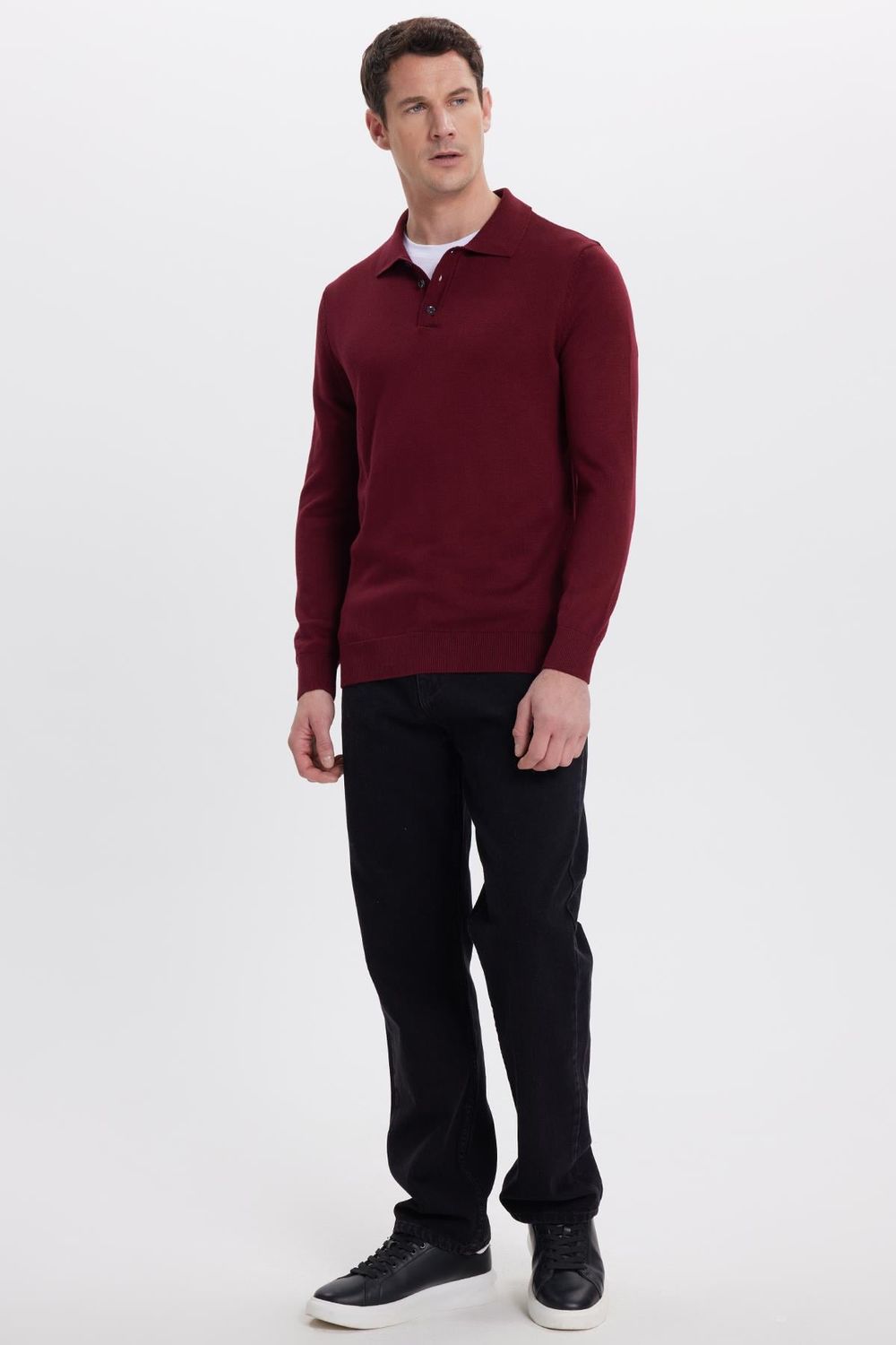 Erkek Standart Fit Normal Kesim Pamuklu Polo Yaka Bordo Kazak