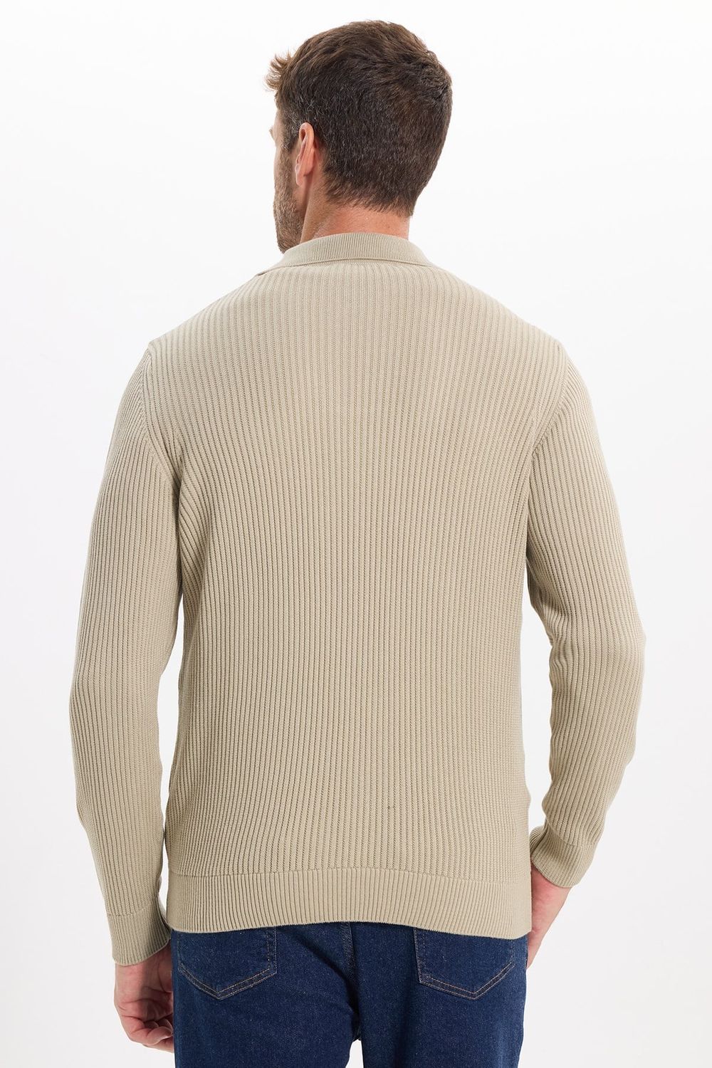 Erkek Standart Fit Normal Kesim Pamuklu Polo V Yaka Taş Kazak