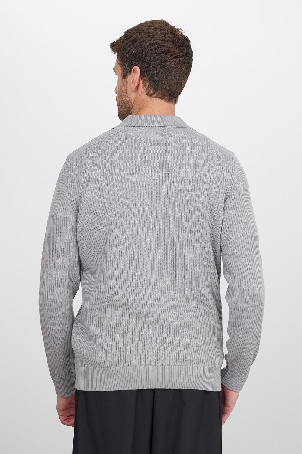 Erkek Standart Fit Normal Kesim Pamuklu Polo V Yaka Gri Kazak