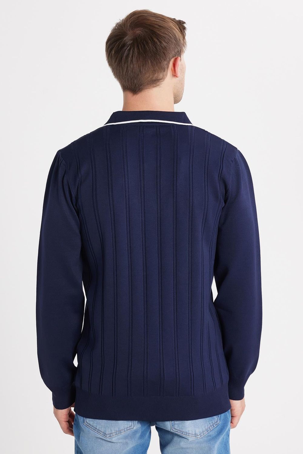 Erkek Slim Fit Dar Kesim Çizgi Detaylı Lacivert Polo Yaka Kazak