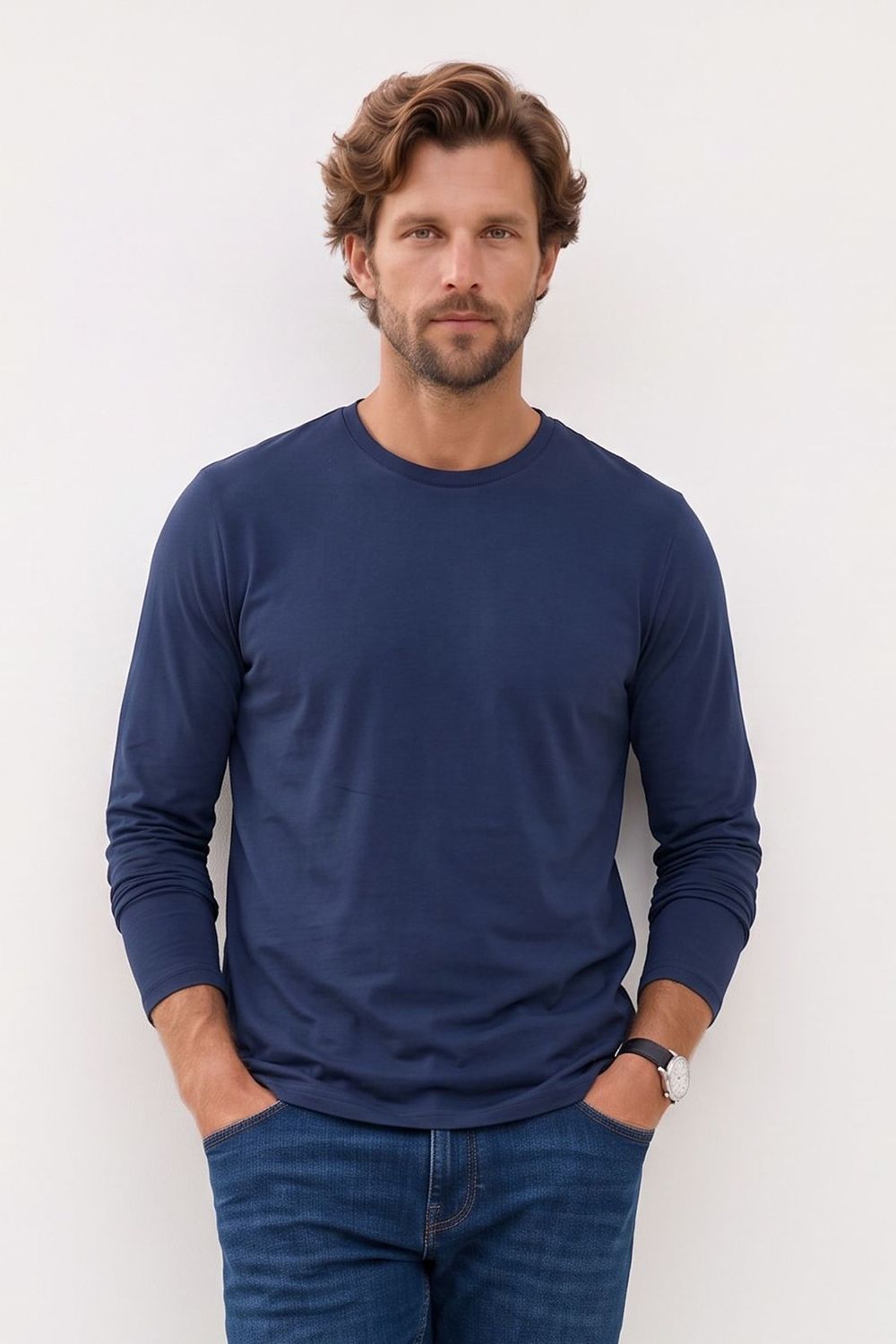 SLIM FIT LONG SLV  CREW NECK PLAIN LYC  T-SHIRT
