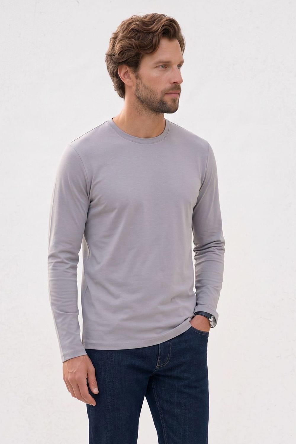 SLIM FIT LONG SLV  CREW NECK PLAIN LYC  T-SHIRT