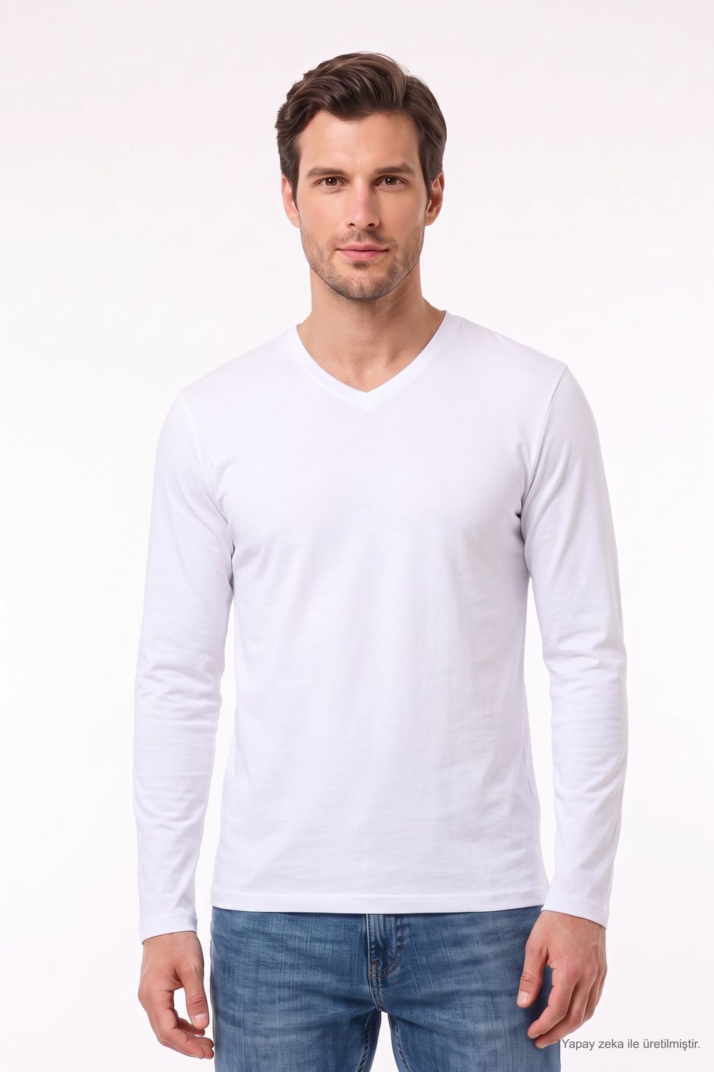 SLIM FIT LONG SLV V NECK PLAIN LYC  T-SHIRT