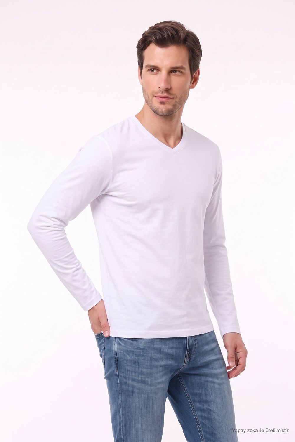 SLIM FIT LONG SLV V NECK PLAIN LYC  T-SHIRT