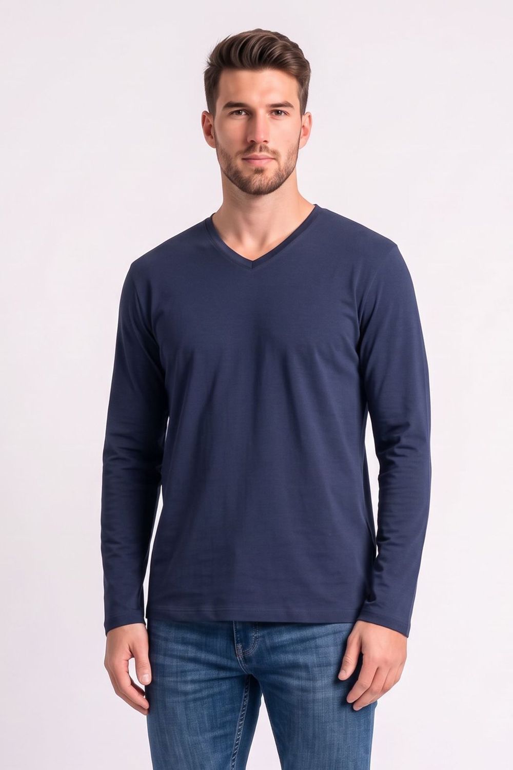 SLIM FIT LONG SLV V NECK PLAIN LYC  T-SHIRT