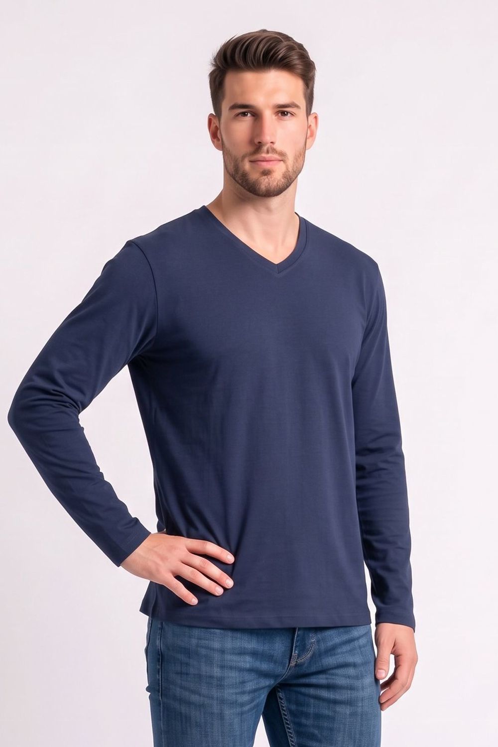 SLIM FIT LONG SLV V NECK PLAIN LYC  T-SHIRT