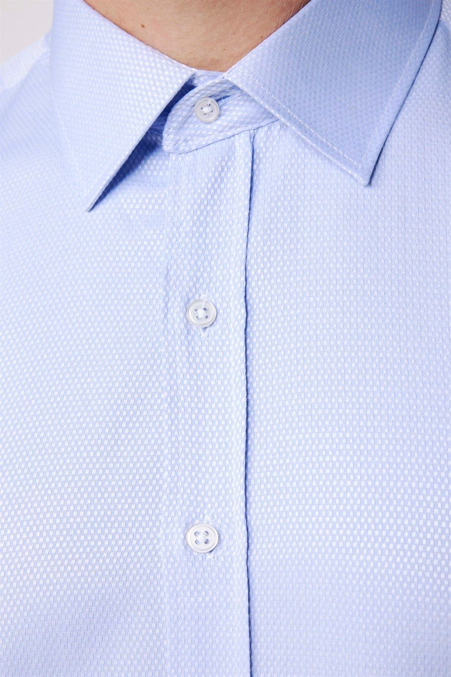 Modern Slim Fit Pamuklu Kolay Ütü Armürlü Erkek Mavi Gömlek