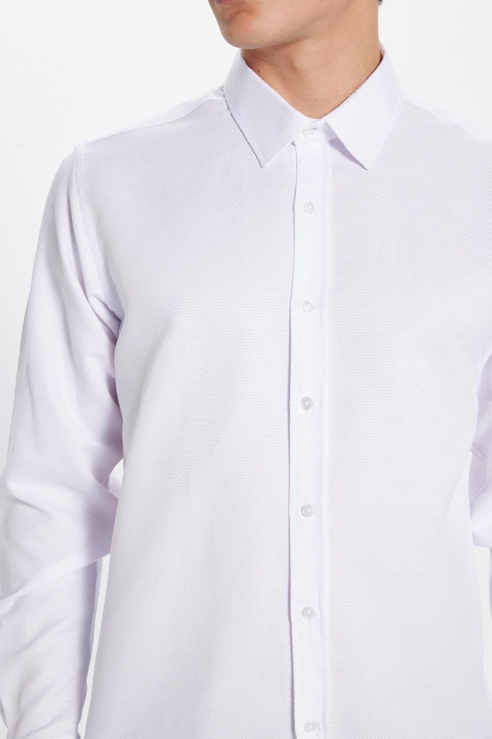 Erkek Modern Fit Dar Kesim Pamuklu Kolay Ütü Armürlü Beyaz Gömlek