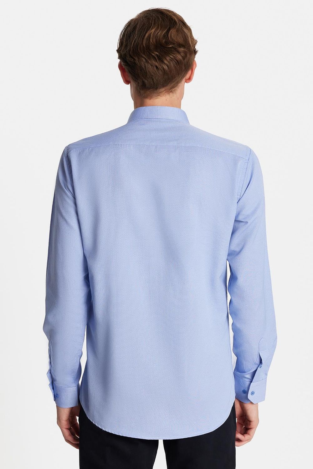 Modern Slim Fit Uzun Kollu Pamuklu Kolay Ütü Armürlü Mavi Erkek Gömlek