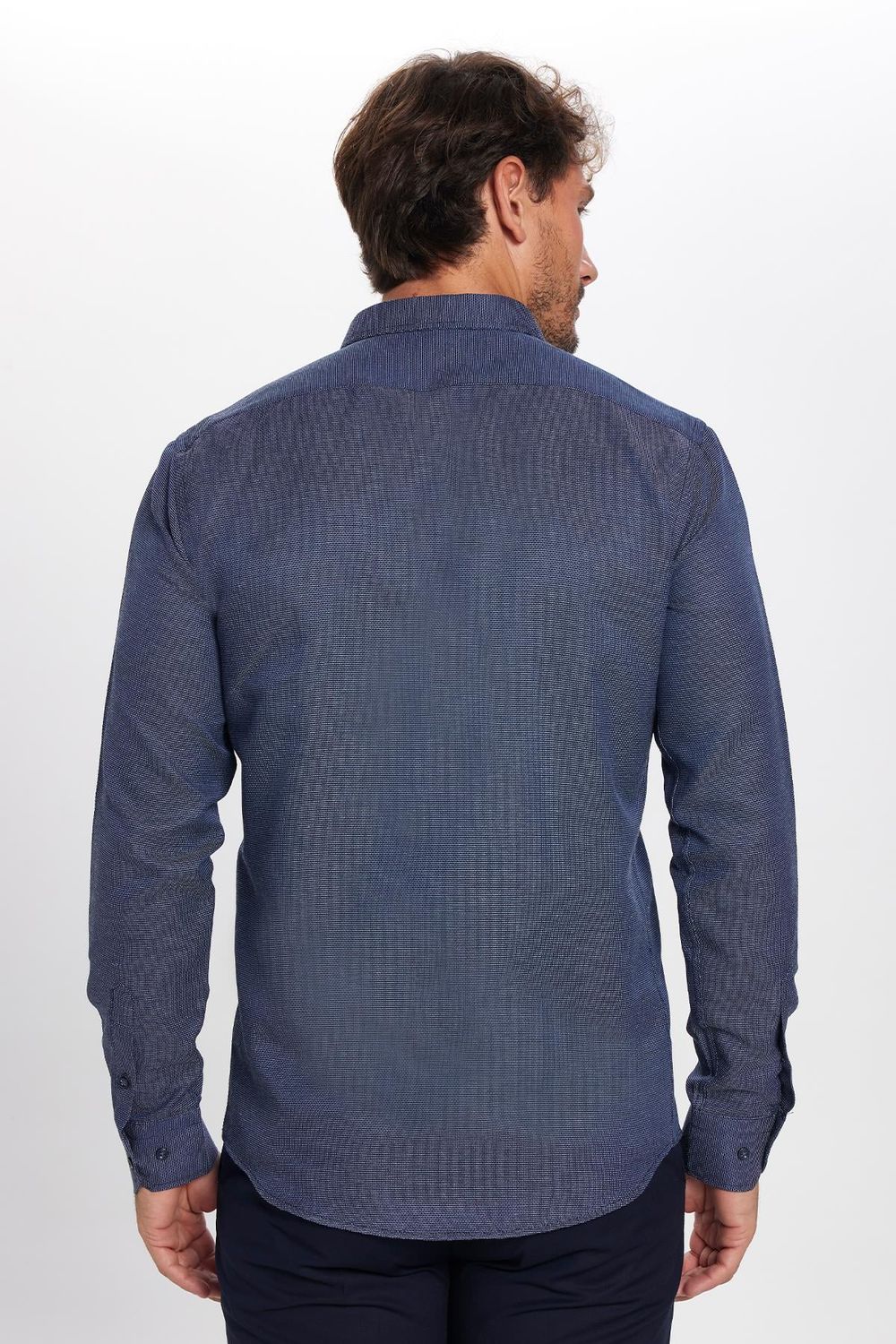 Modern Slim Fit Uzun Kollu Pamuklu Kolay Ütü Armürlü Erkek Lacivert Gömlek