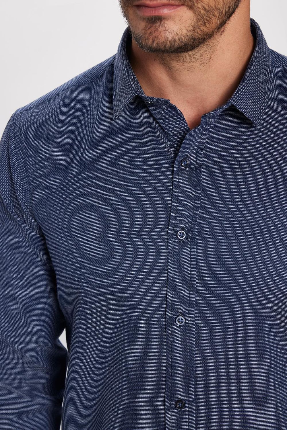Modern Slim Fit Uzun Kollu Pamuklu Kolay Ütü Armürlü Erkek Lacivert Gömlek