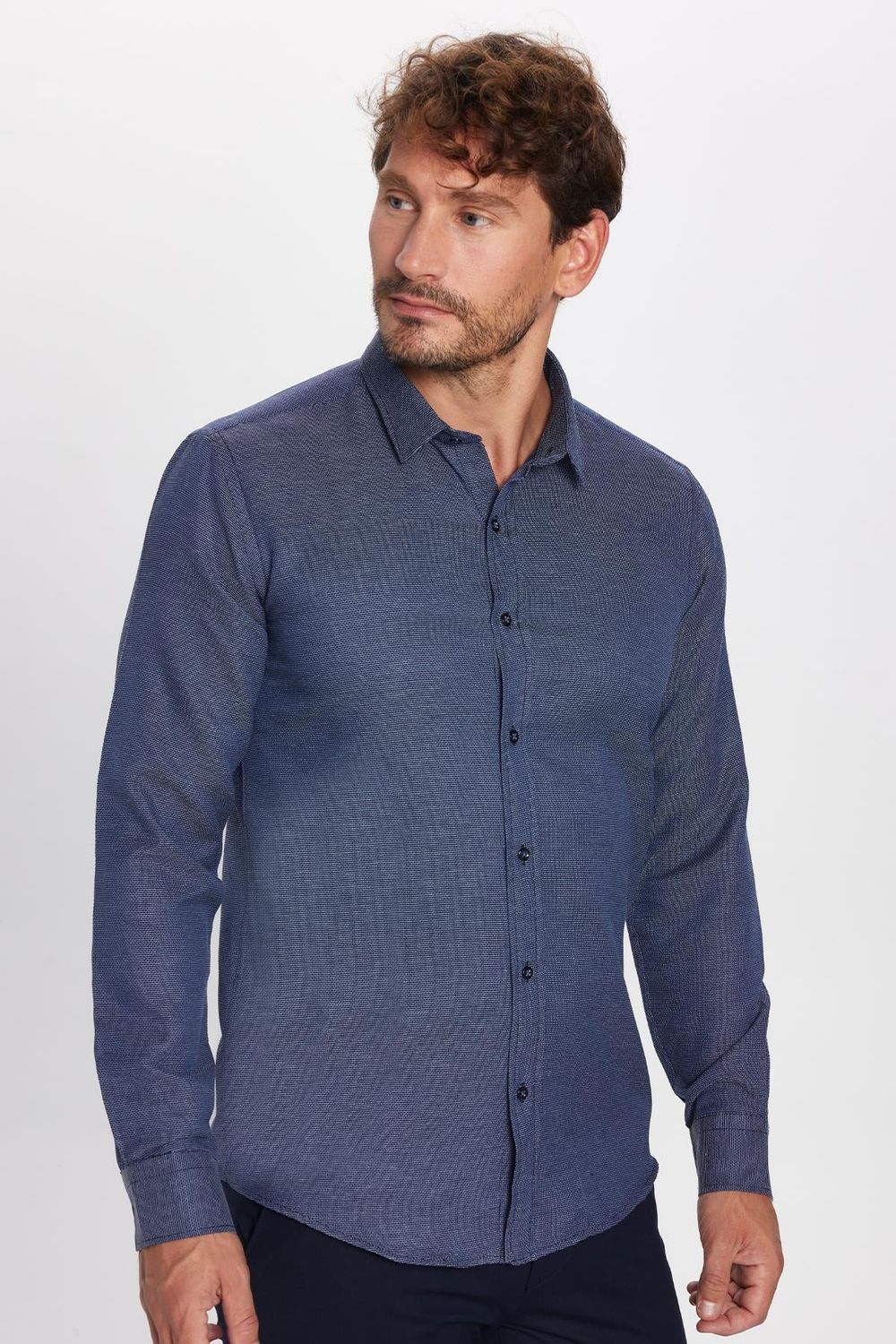 Modern Slim Fit Uzun Kollu Pamuklu Kolay Ütü Armürlü Erkek Lacivert Gömlek
