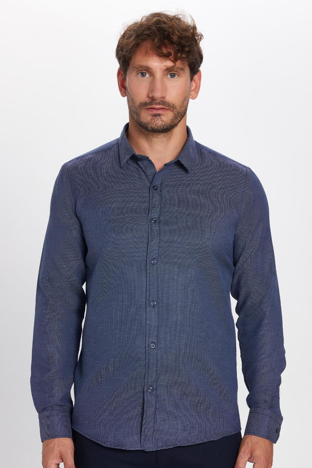 Modern Slim Fit Uzun Kollu Pamuklu Kolay Ütü Armürlü Erkek Lacivert Gömlek