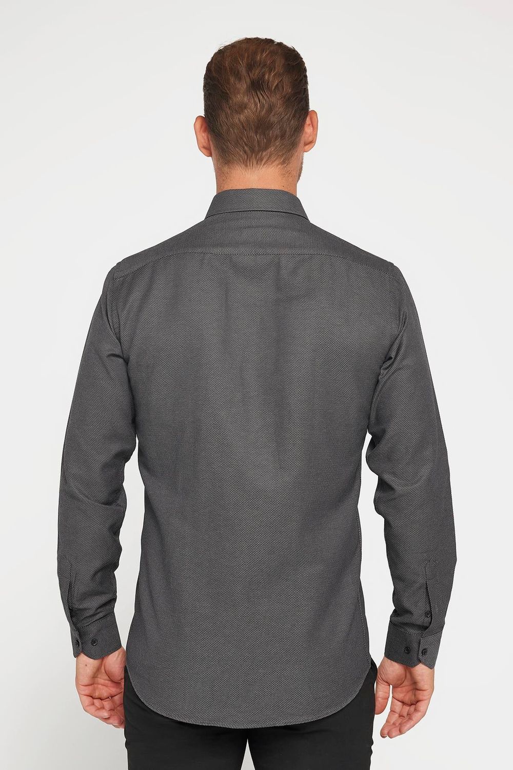 Modern Slim Fit Uzun Kollu Pamuklu Kolay Ütü Armürlü Erkek Gri Gömlek
