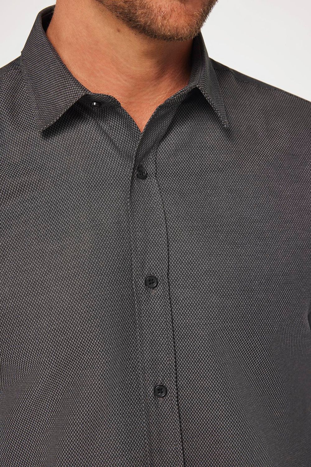 Modern Slim Fit Uzun Kollu Pamuklu Kolay Ütü Armürlü Erkek Gri Gömlek