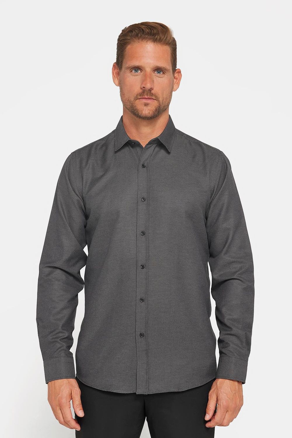 Modern Slim Fit Uzun Kollu Pamuklu Kolay Ütü Armürlü Erkek Gri Gömlek