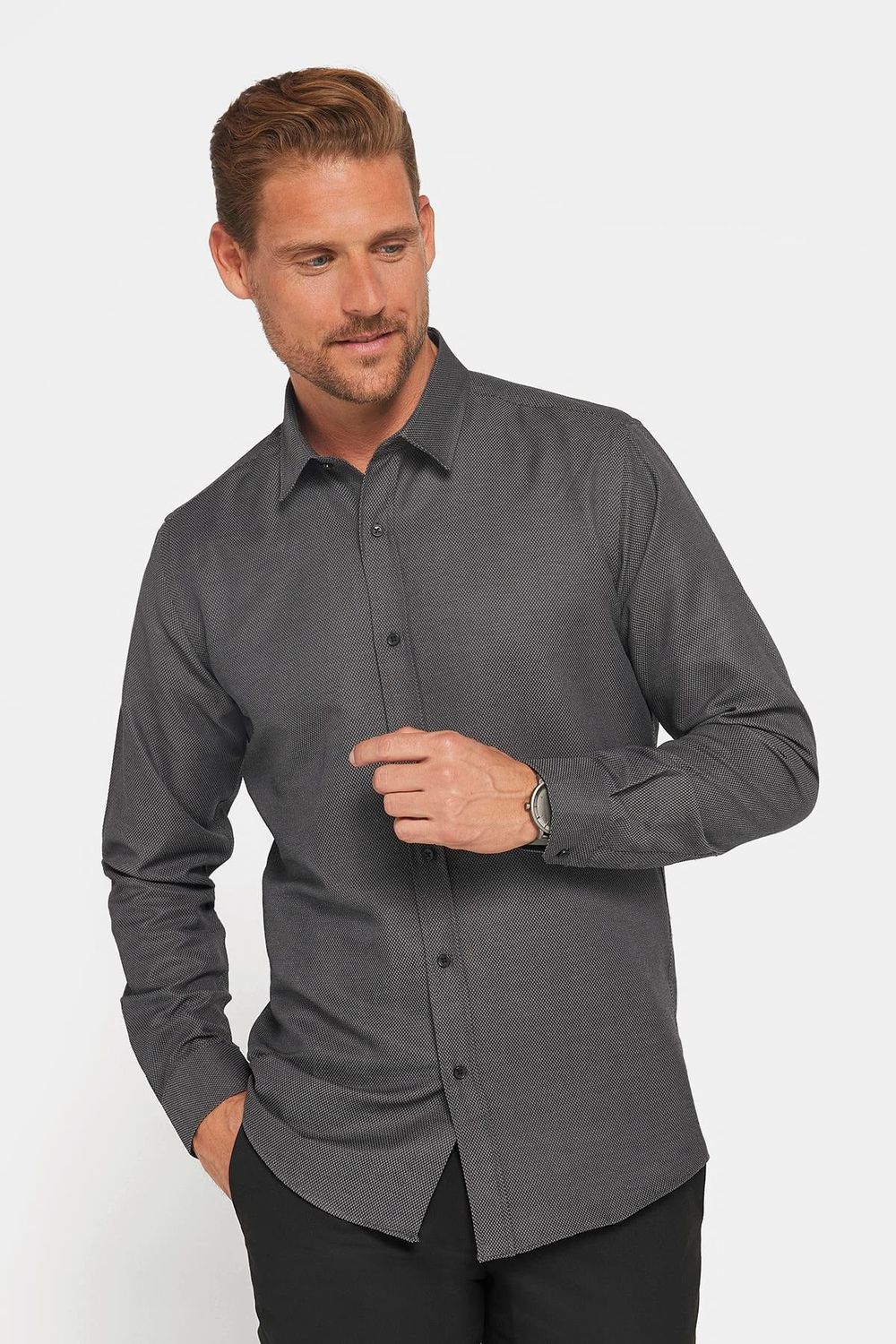 Modern Slim Fit Uzun Kollu Pamuklu Kolay Ütü Armürlü Erkek Gri Gömlek