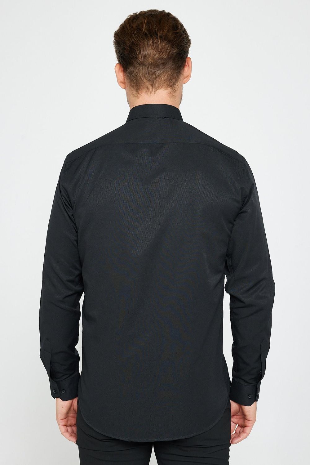 Modern Slim Fit Uzun Kollu Pamuklu Kolay Ütü Armürlü Erkek Siyah Gömlek
