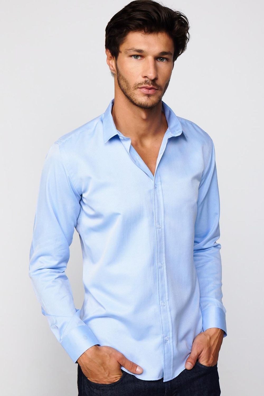 Modern Slim Fit Pamuklu Kolay Ütü Armürlü Mavi Erkek Gömlek