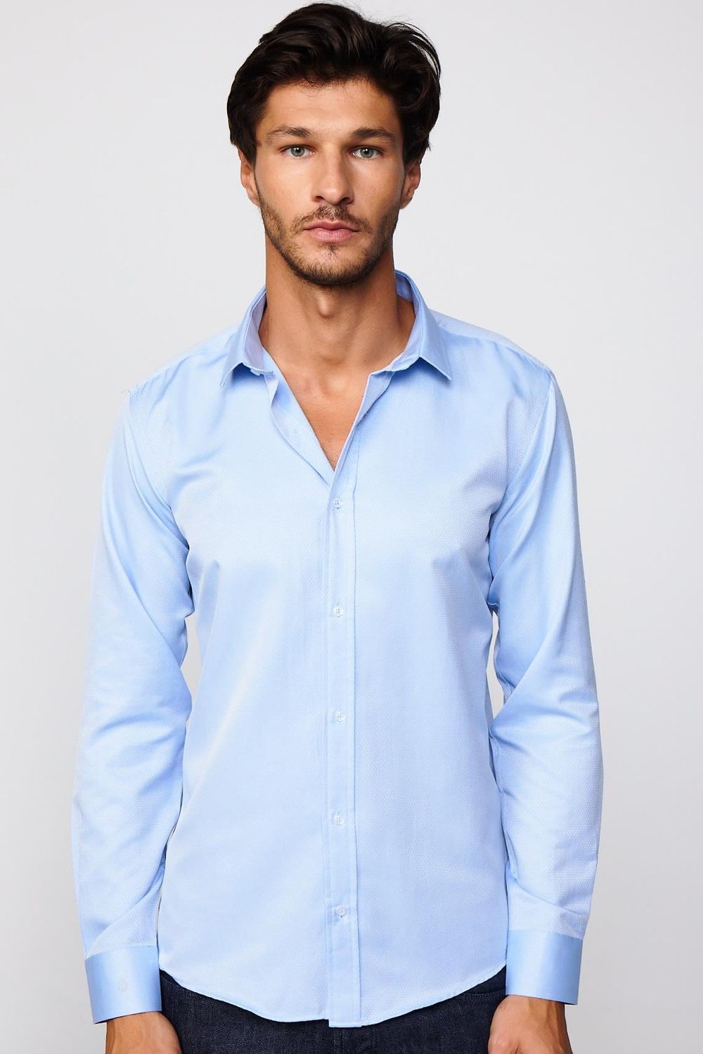 Modern Slim Fit Pamuklu Kolay Ütü Armürlü Mavi Erkek Gömlek