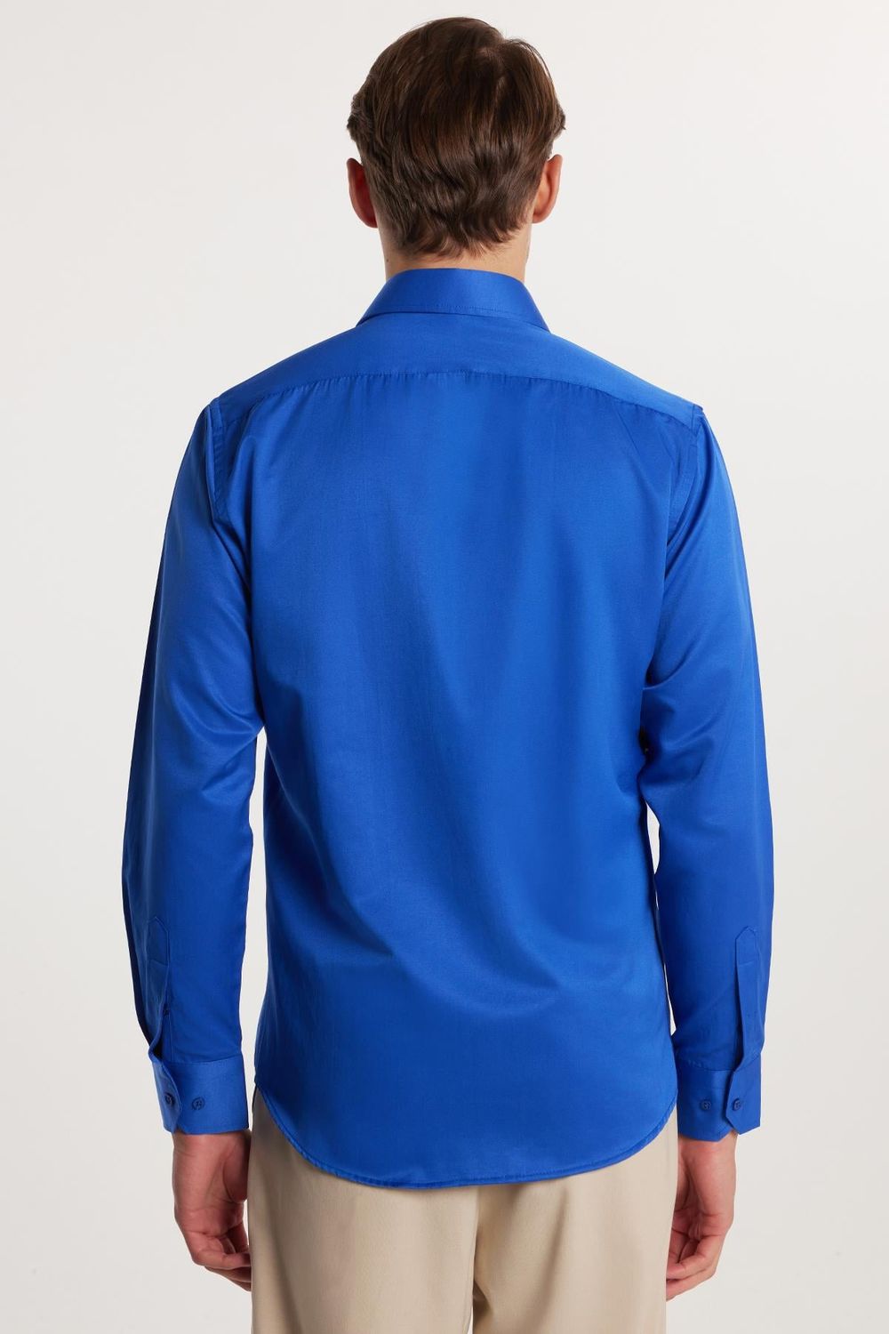  Erkek Modern Fit Dar Kesim Pamuklu Düz Saten Sax Mavi Gömlek