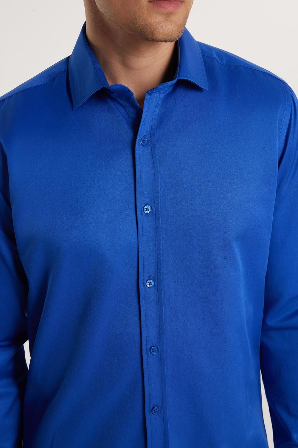  Erkek Modern Fit Dar Kesim Pamuklu Düz Saten Sax Mavi Gömlek