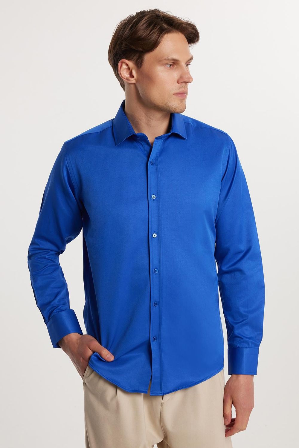  Erkek Modern Fit Dar Kesim Pamuklu Düz Saten Sax Mavi Gömlek