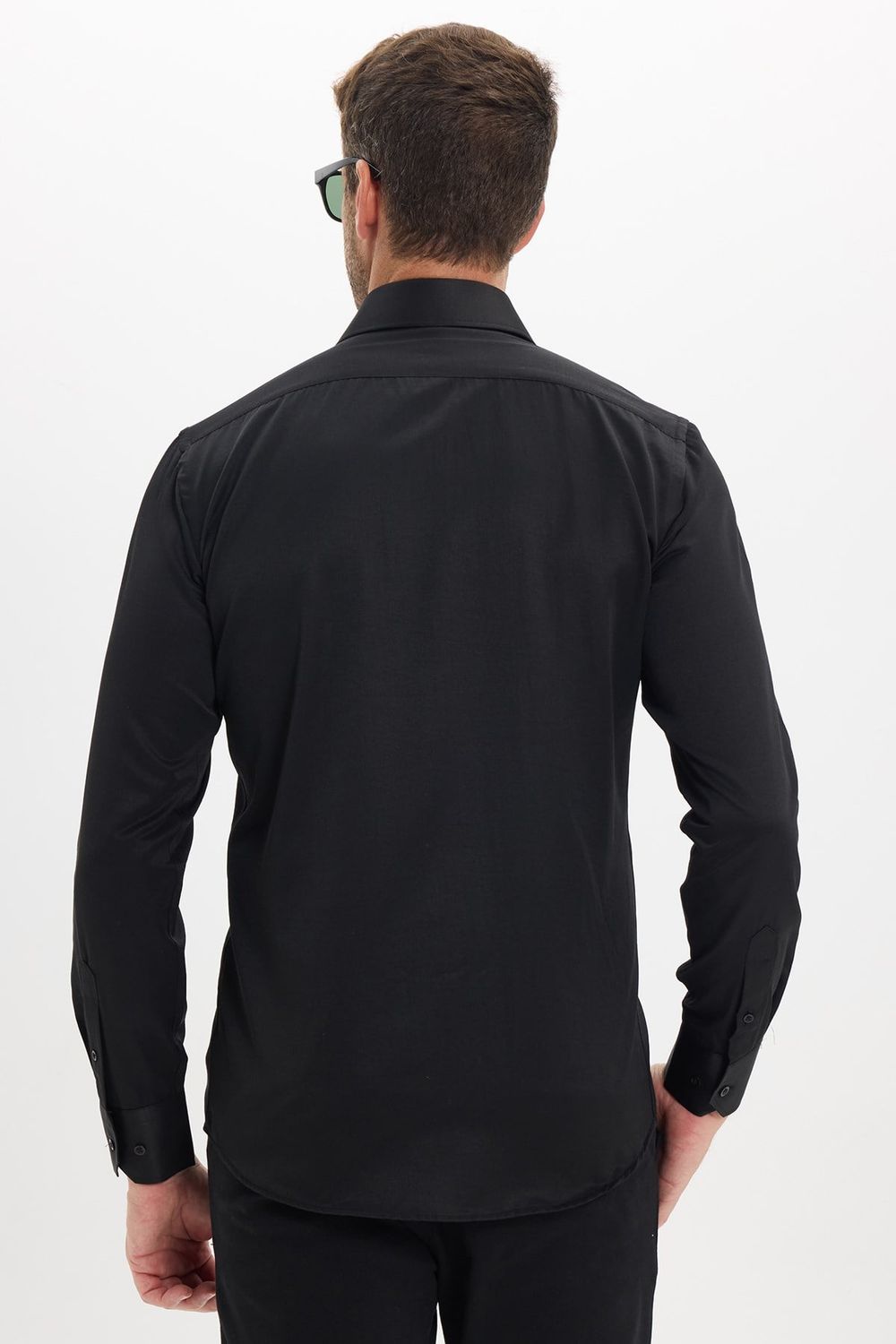 Erkek Modern Slim Fit Düz Saten Pamuklu Siyah Gömlek