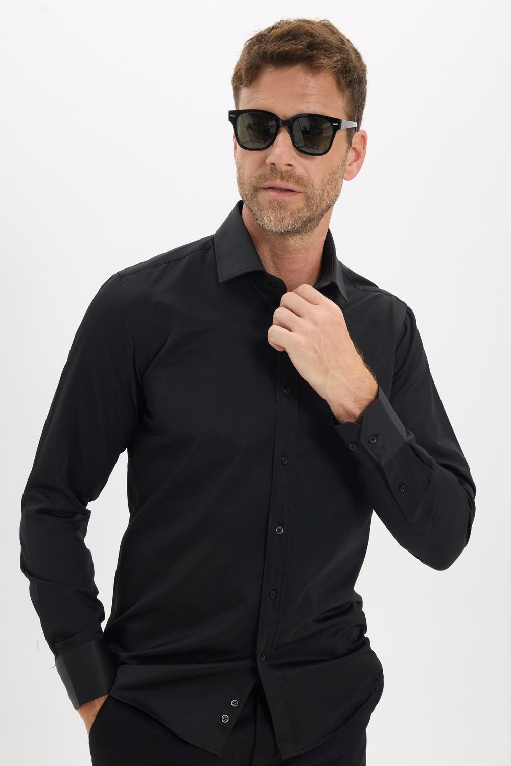 Erkek Modern Slim Fit Düz Saten Pamuklu Siyah Gömlek