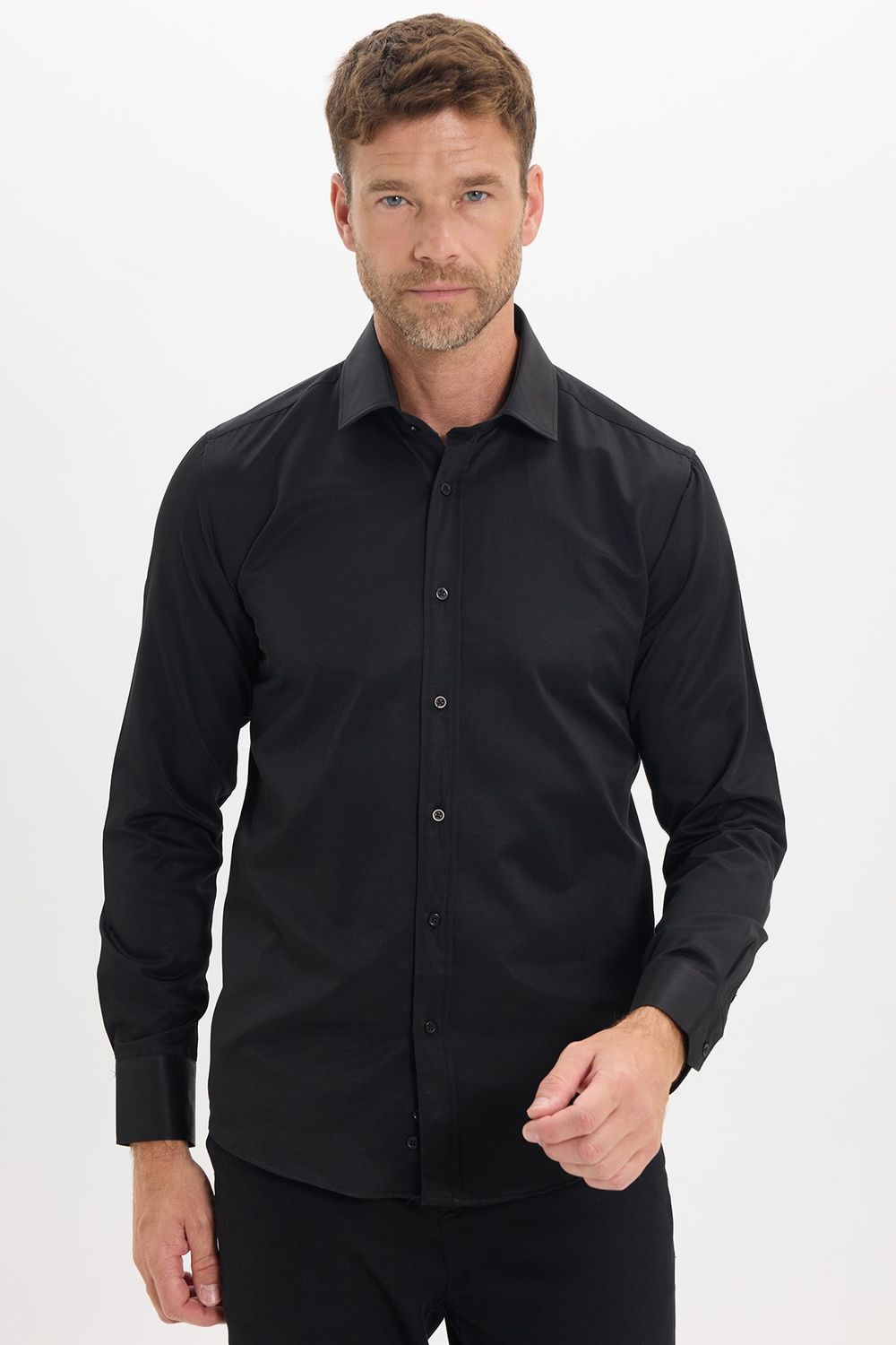 Erkek Modern Slim Fit Düz Saten Pamuklu Siyah Gömlek