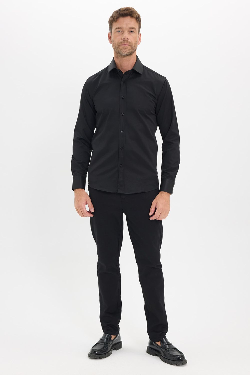 Erkek Modern Slim Fit Düz Saten Pamuklu Siyah Gömlek