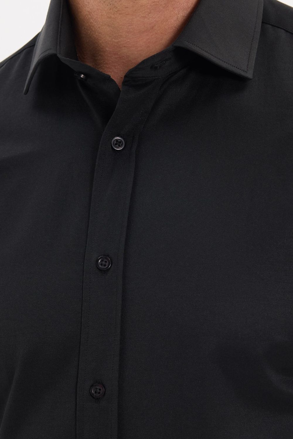 Erkek Modern Slim Fit Düz Saten Pamuklu Siyah Gömlek