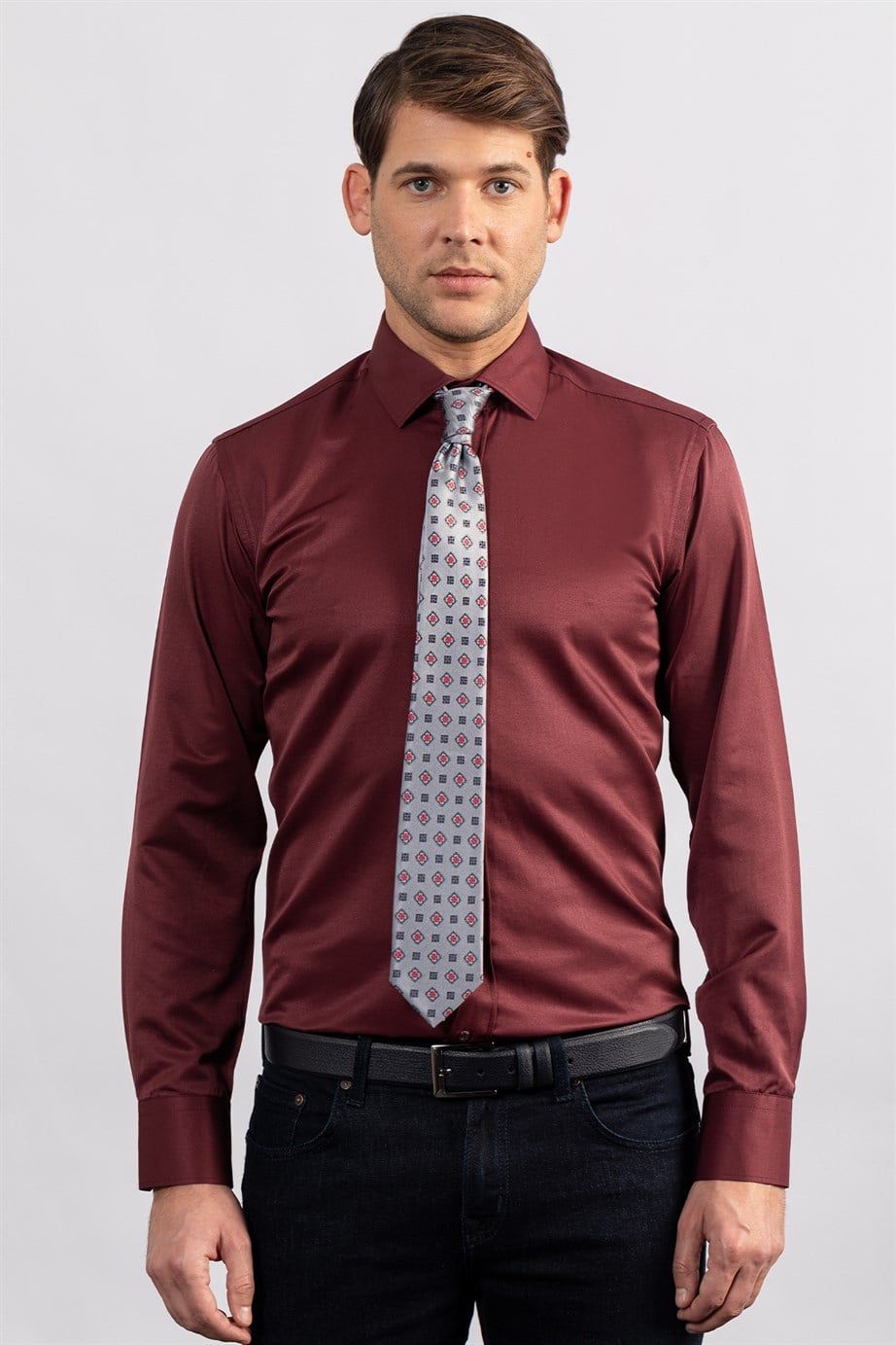 Modern Slim Fit Düz Saten Erkek Gömlek
