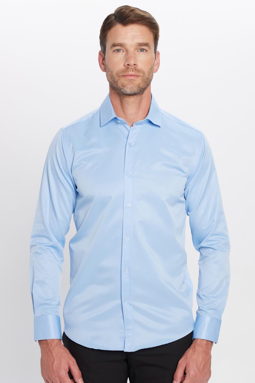 Modern Slim Fit Uzun Kollu Düz Saten Pamuklu Erkek Mavi Gömlek