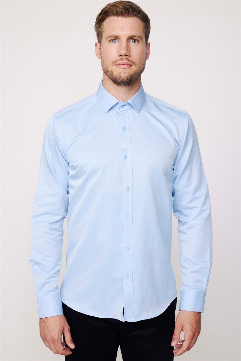 Modern Slim Fit Düz Saten Pamuklu Erkek Sax Mavi Gömlek