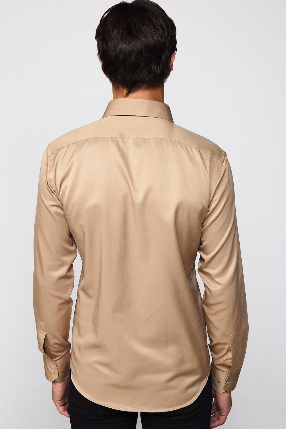 Modern Slim Fit Düz Saten Pamuklu Erkek Krem Gömlek