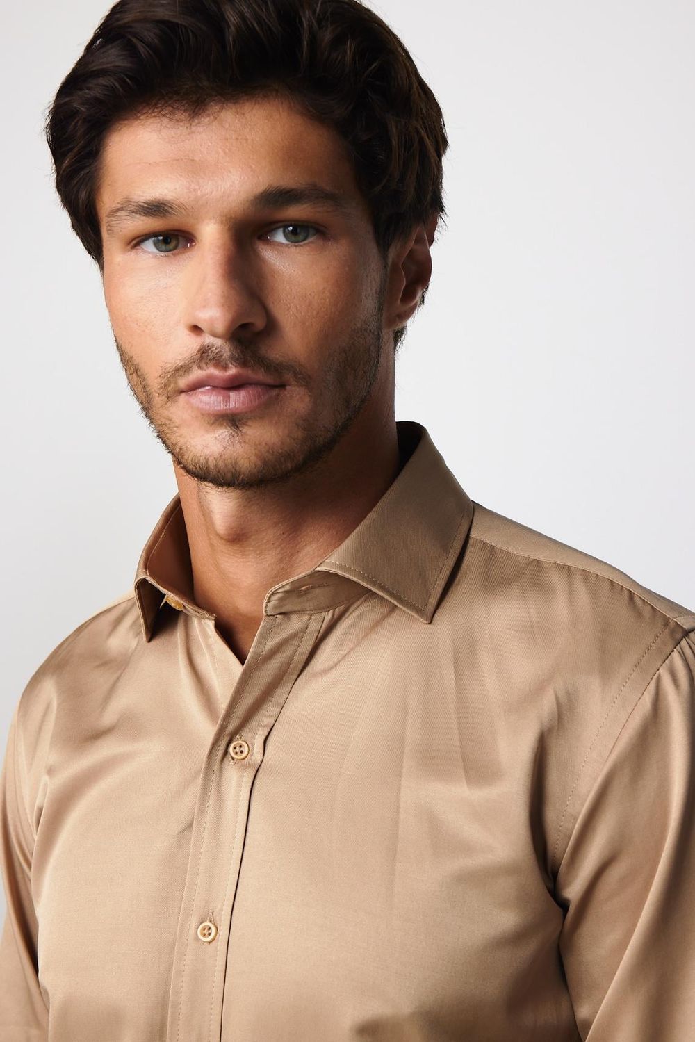 Modern Slim Fit Düz Saten Pamuklu Erkek Krem Gömlek